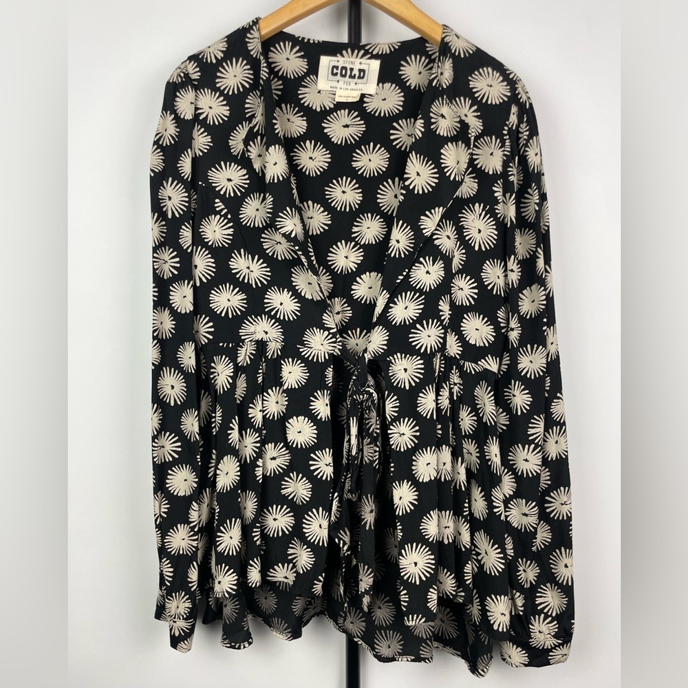 Stone Cold Fox Black Abstract Floral Long Sleeve Open Tie Front Blouse